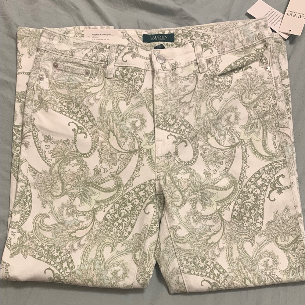 Lauren Ralph Lauren White and Green Paisley Cropped Jeans
